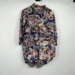 Womens Ok Mike Vintage Blouse Artsy Watercolor Hawaiian
